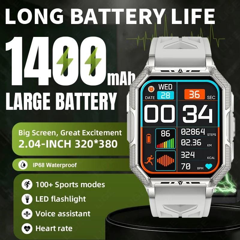 LIGE 2026 Orologio Intelligente Militare con Batteria da 1400mAh, Torcia, per Sport all'Aperto e Fitness, Schermo da 2,04 Pollici, Chiamate BT, Impermeabile, SmartBand per Uomo