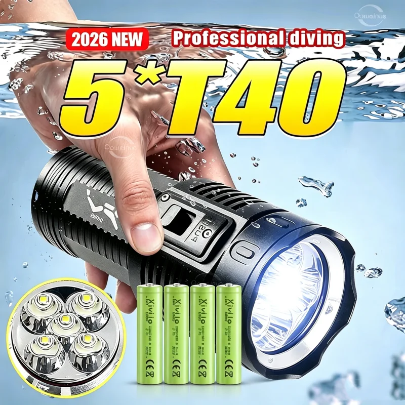 Lampada Subacquea Professionale IPX8 Super Luminosa, Torcia Subacquea Più Potente con 5 LED T40, Luce per Immersioni
