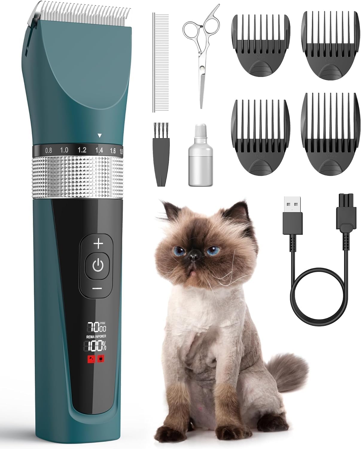 oneisall Tagliagatti silenzioso, tagliacapelli professionale per gatti a pelo lungo, rasoio per gatti a 5 velocità con display LCD, impermeabile IPX6, facile da pulire (verde)