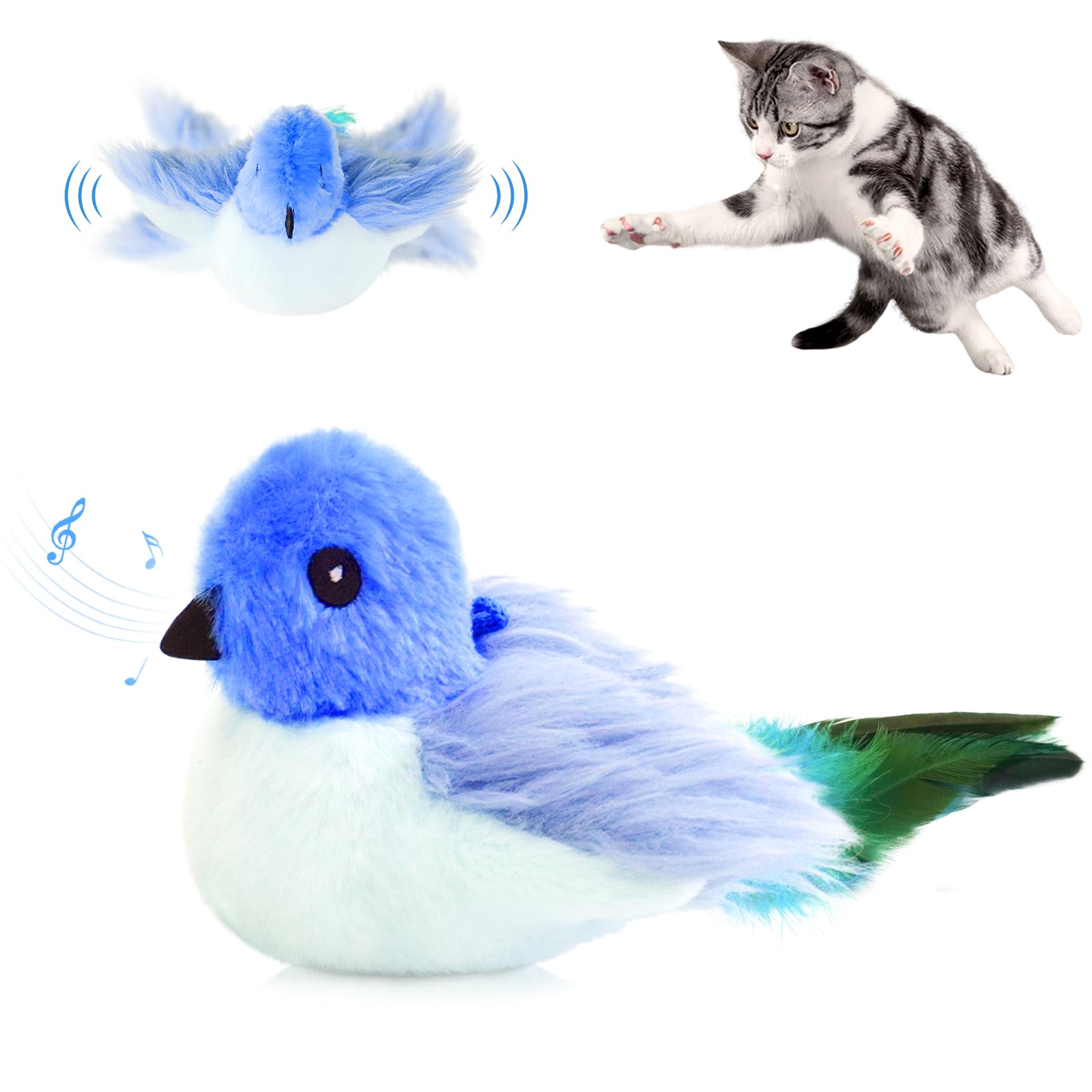 Migipaws Giocattolo per gatti, giocattolo elettrico interattivo per gatti, che svolazza e cinguetta come un uccello, peluche con erba gatta, ricaricabile (blu)