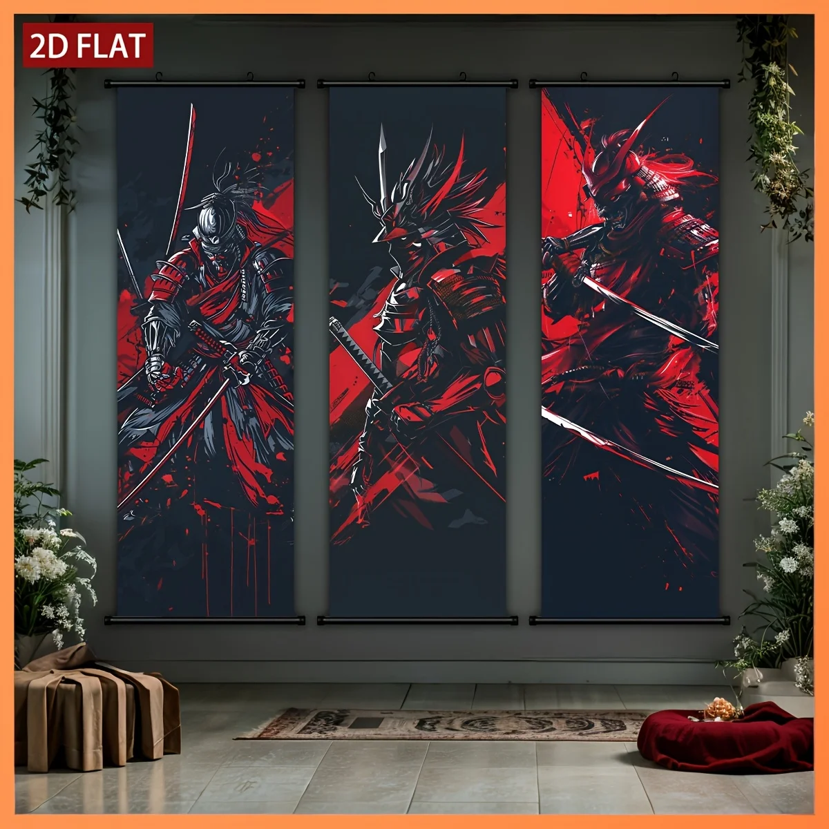 Arazzo a Rotolo con Spada e Armatura da Samurai Rosso e Nero, Alta Definizione, Non Sbiadisce, Decorazione da Parete per la Stanza