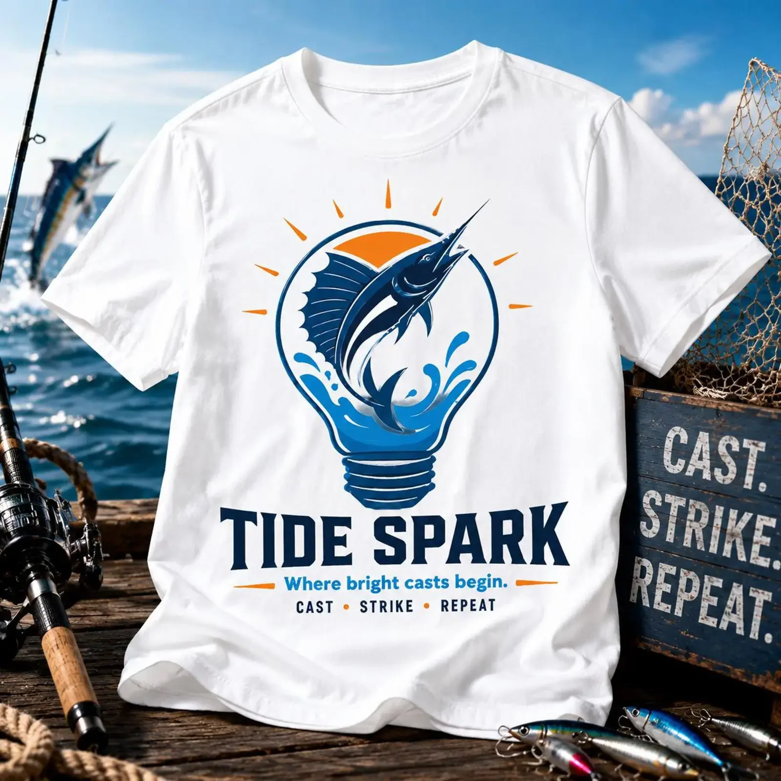 T-shirt da Pesca Tide Spark con Logo Marlin Ocean, Stile Pesca d'Altura, per Pescatori Sportivi, Motivo "Cast Strike Repeat", Stile Nautico Vintage, Effetto Lavato, Tessuto Elasti…