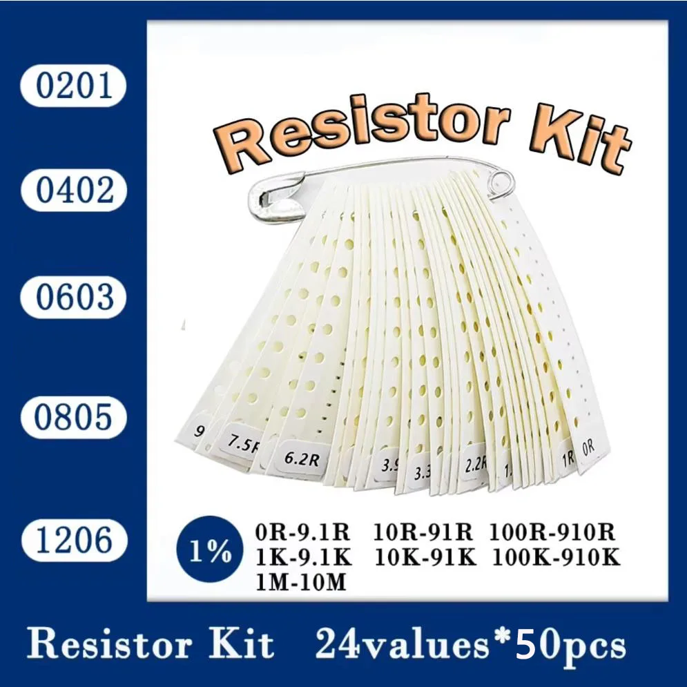 Kit resistore 0201 0402 0603 0805 1206 Pacchetto resistore smd 24 valori * 50/25 pezzi = 1200 pezzi 1% Kit campione Resisore