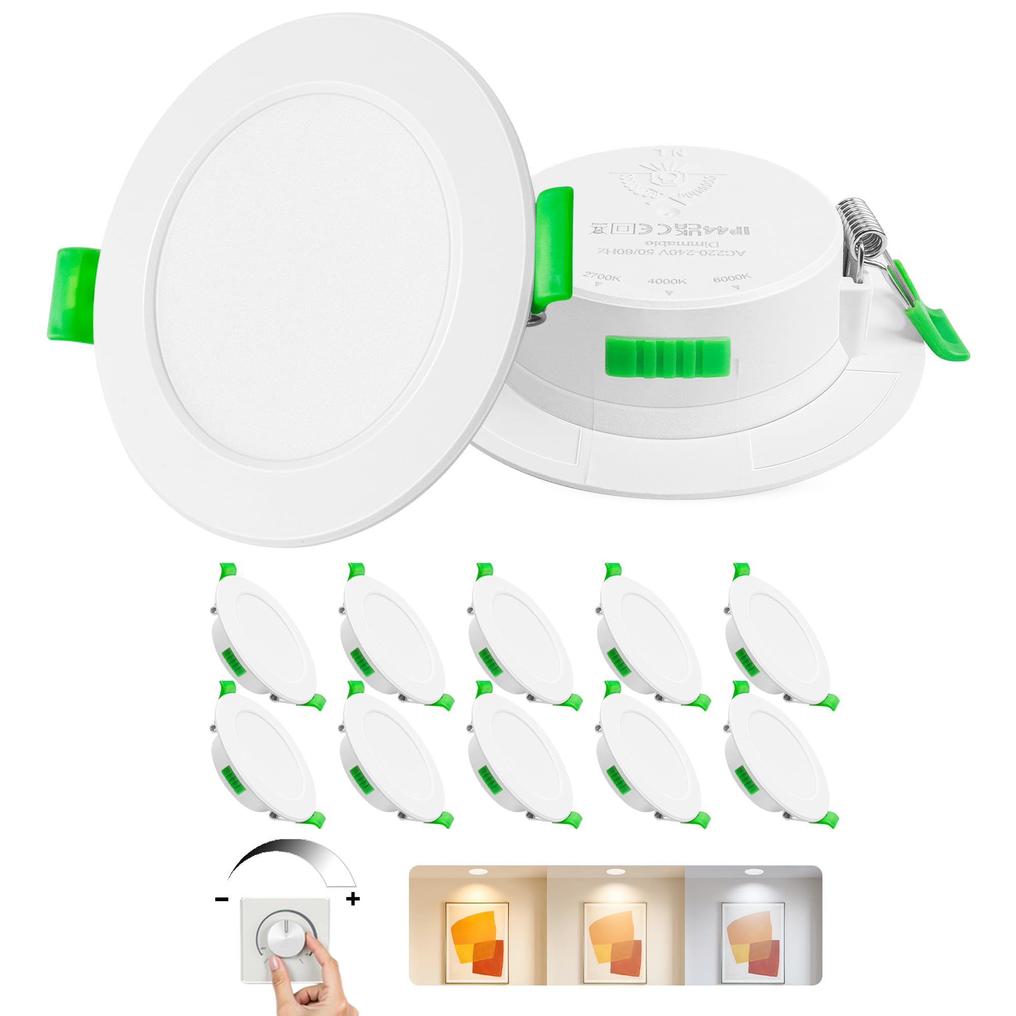 Laiebri Confezione da 10 Pack da Incasso a LED 230V Bianco - Faretti da Soffitto IP44 - Faretti da Incasso a Soffitto Ø68-80mm, 2700K/4000K/6500K Lampada da Soffitto Plafoniera LE…
