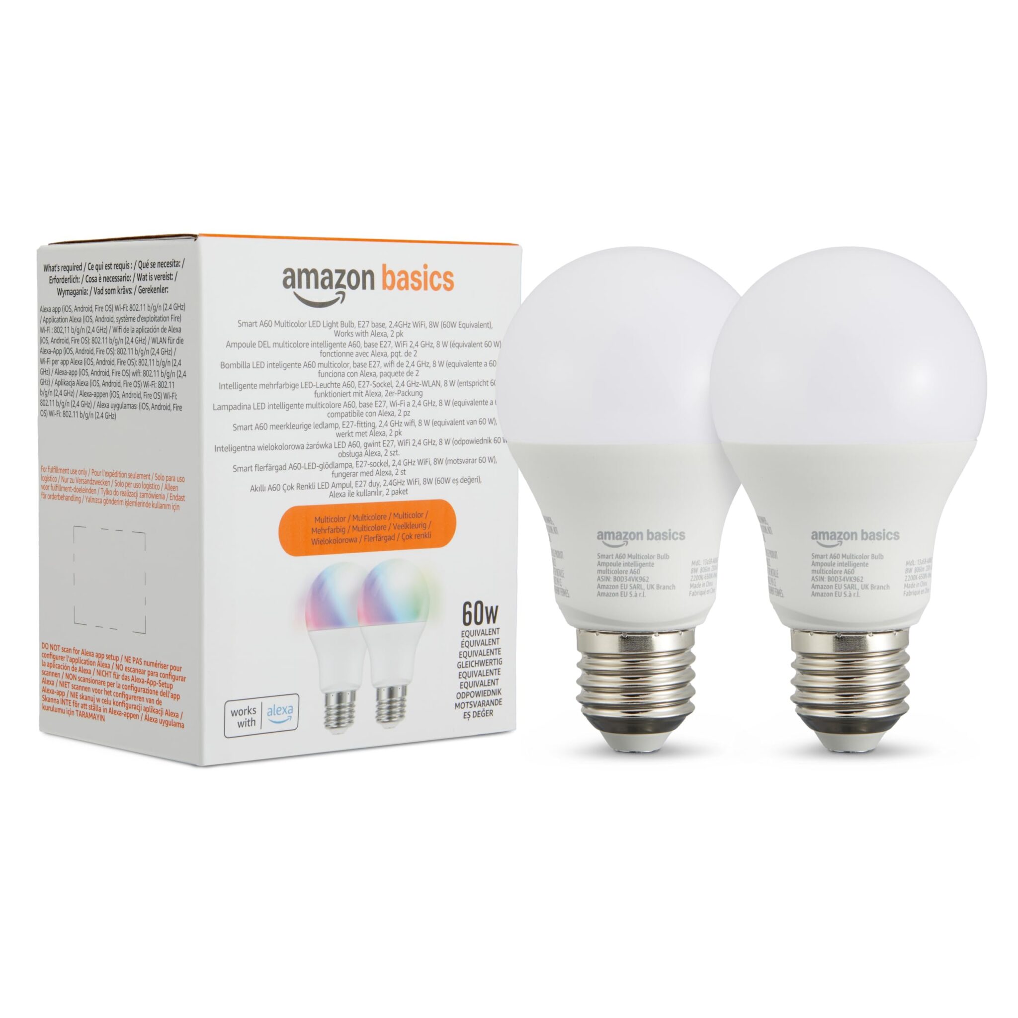 Amazon Basics Lampadina LED intelligente, multicolore, con attacco E27, 8W (equivalente a 60W), compatibile solo con Alexa, 2 confezione