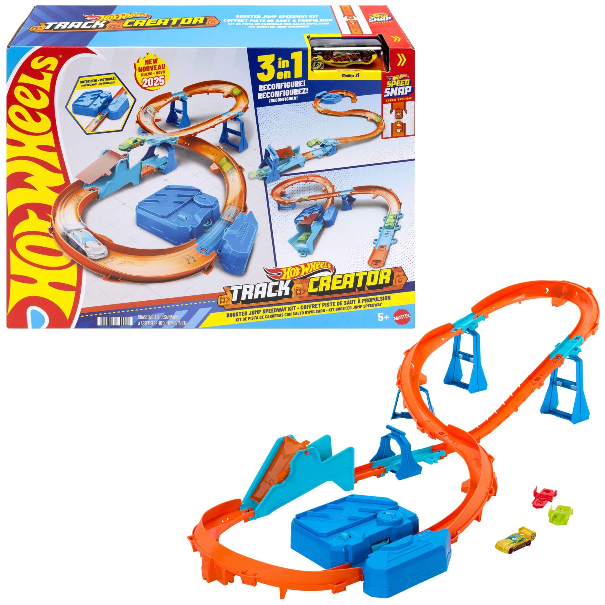 Hot Wheels Track Creator Boosted Jump Speedway set e macchinina | Deluxe Track Set Building Box con booster motorizzato, con veicolo in scala 1:64, pista Speed Snap