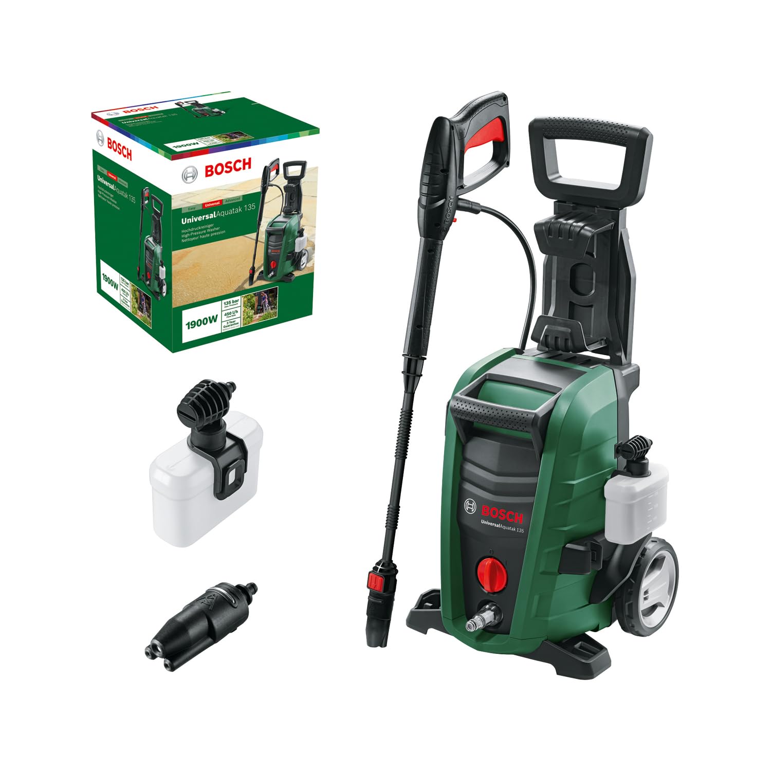 Bosch Idropulitrice UniversalAquatak 135 | 2 ugelli, filtro acqua, pistola alta pressione, tubo flessibile 7 m, cavo 5 m, potenza 1900 Watt, pressione 135 bar, 410 l/h