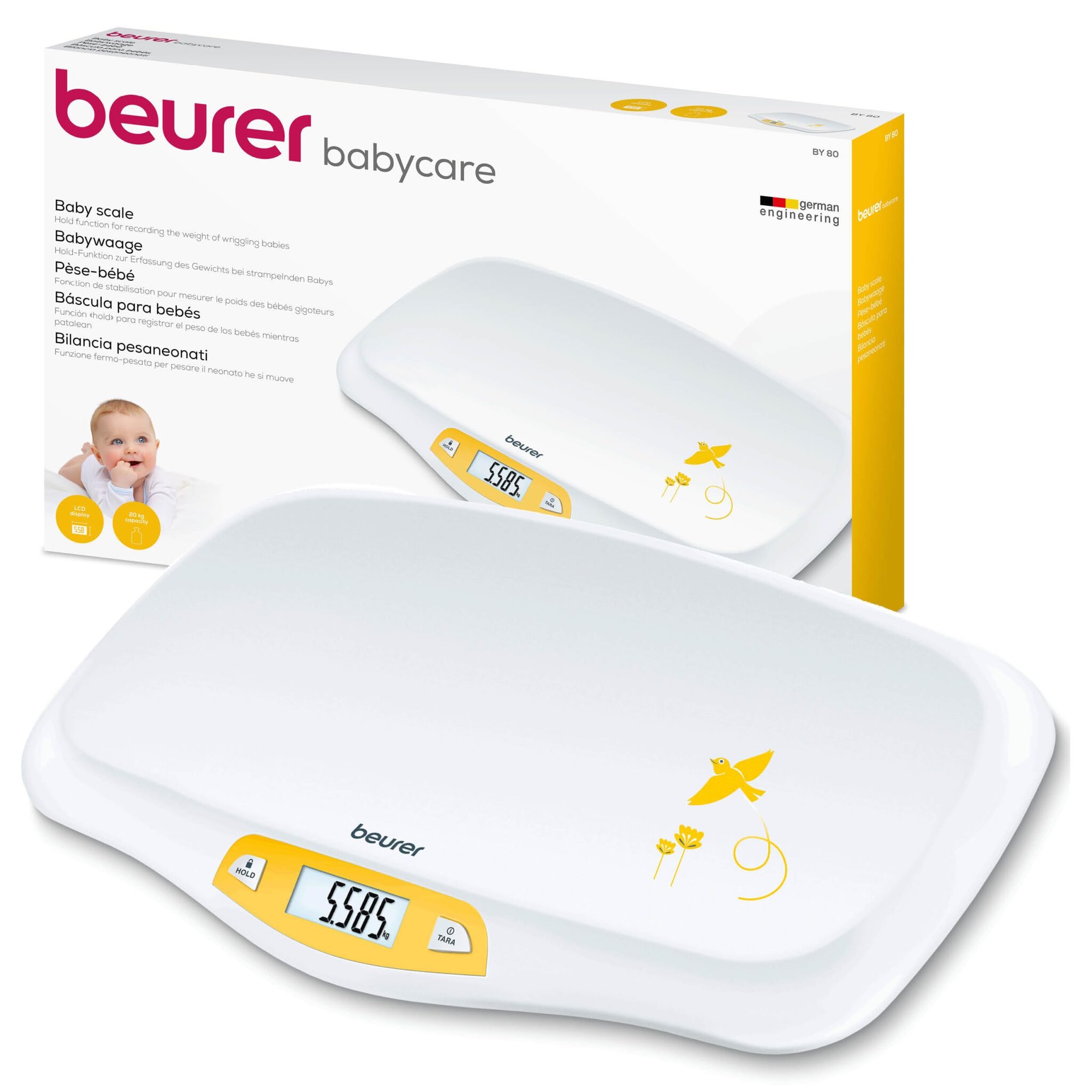 Beurer BY 80 Bilancia Pesaneonati, Funzione Fermo-Pesata Automatica o Manuale per Maggiore Precisione, Display grande, Superficie di Appoggio Curva, Piedini antiscivolo, colore Bi…