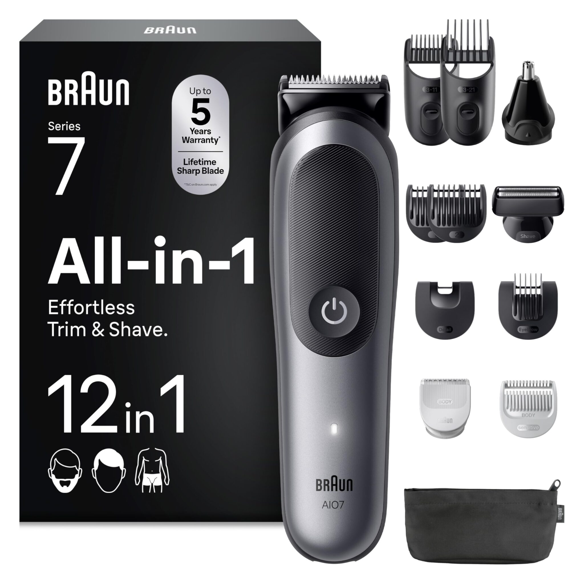 Braun Rasoio Elettrico Barba e Capelli Serie 7, Accessori AIO7545 Grigio | Rifinitore All-in-One 12in1, Lama Problade, Rasoio Elettrico Corpo Uomo, Peli Naso, Custodia, Impermeabi…