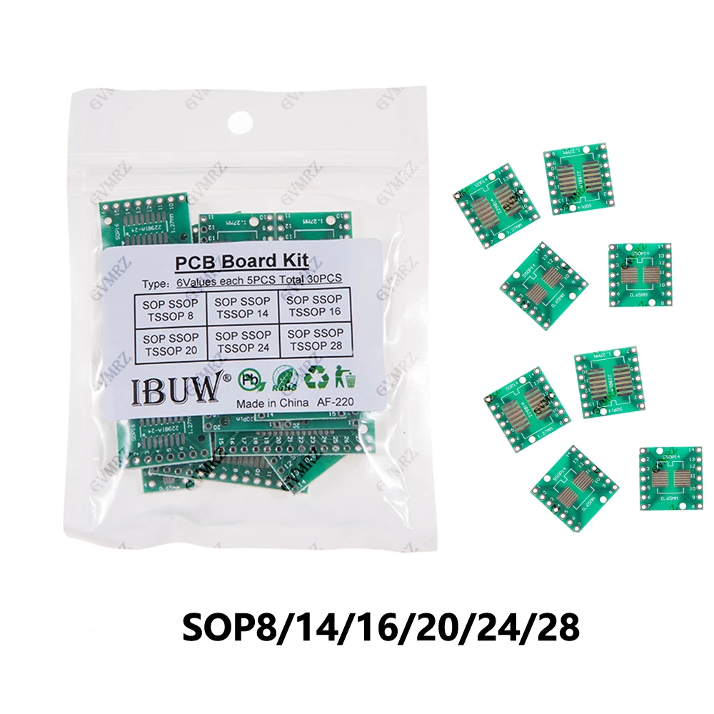 Kit Adattatore PCB 30 Pezzi 6 Valori SOP SSOP TSSOP per Prototipi IC SOP8/14/16/20/24/28 Progetto Elettronico Fai-da-te SOP14 SOP8 SOP16