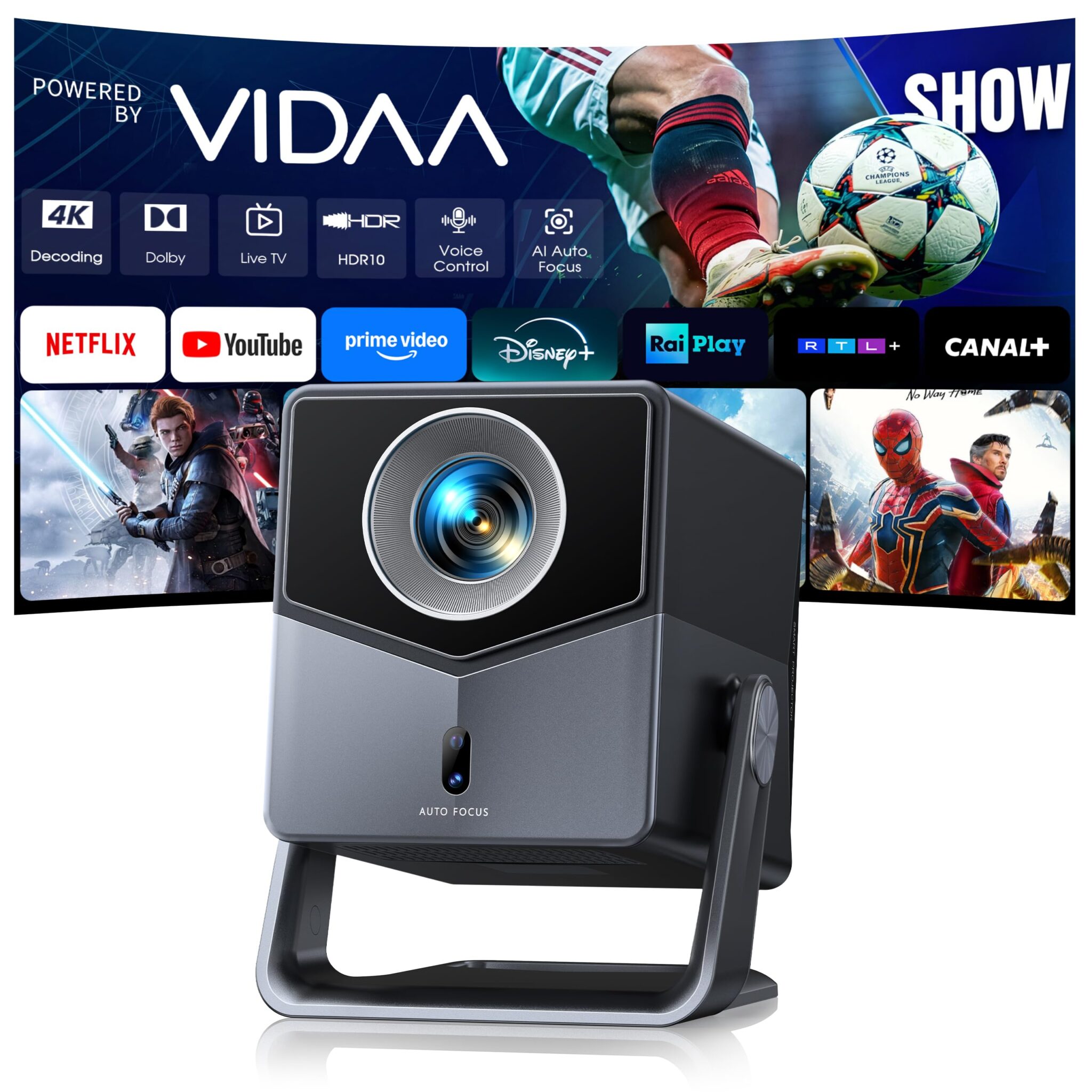 Proiettore 4K【1400 ANSI/Vidaa Sistema】2 * 18W Dolby Audio Proiettore Auto Focus e Keystone Videoproiettore Bluetooth 5.4 Two-way Projector con AirPlay TOPTRO A2 Proiettores TV per…