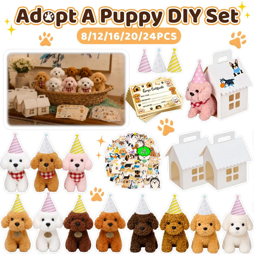 Set da 8-24 Cagnolini Teddy Fai-da-te, Mini Peluche a Forma di Cucciolo con Cuccia e Adesivi, Ideali come Bomboniere per Feste di Compleanno