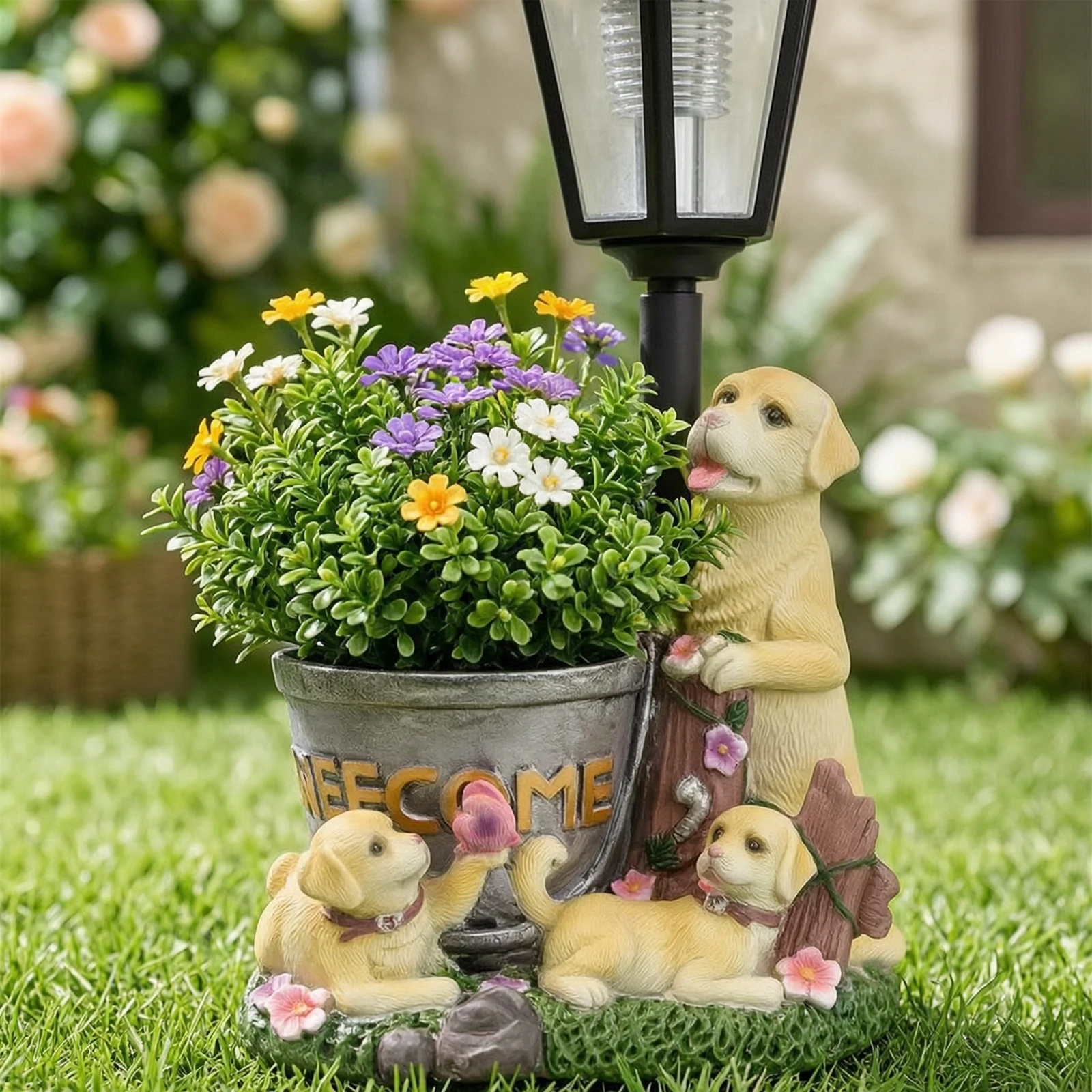Statua di Cane con Lanterna Solare, Robusto Vaso di Benvenuto con Luce Solare, Ornamento Originale e Realistico per Giardinieri