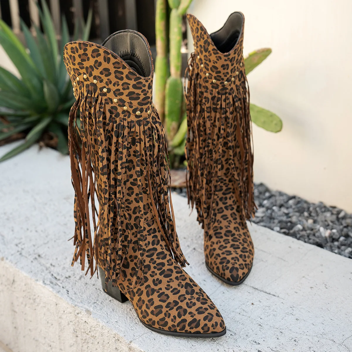 Stivali Invernali da Donna con Frange, Stivali Western al Ginocchio, Stivali da Cowboy e Cowgirl con Tacco Grosso e Piattaforma, Scarpe Western da Donna