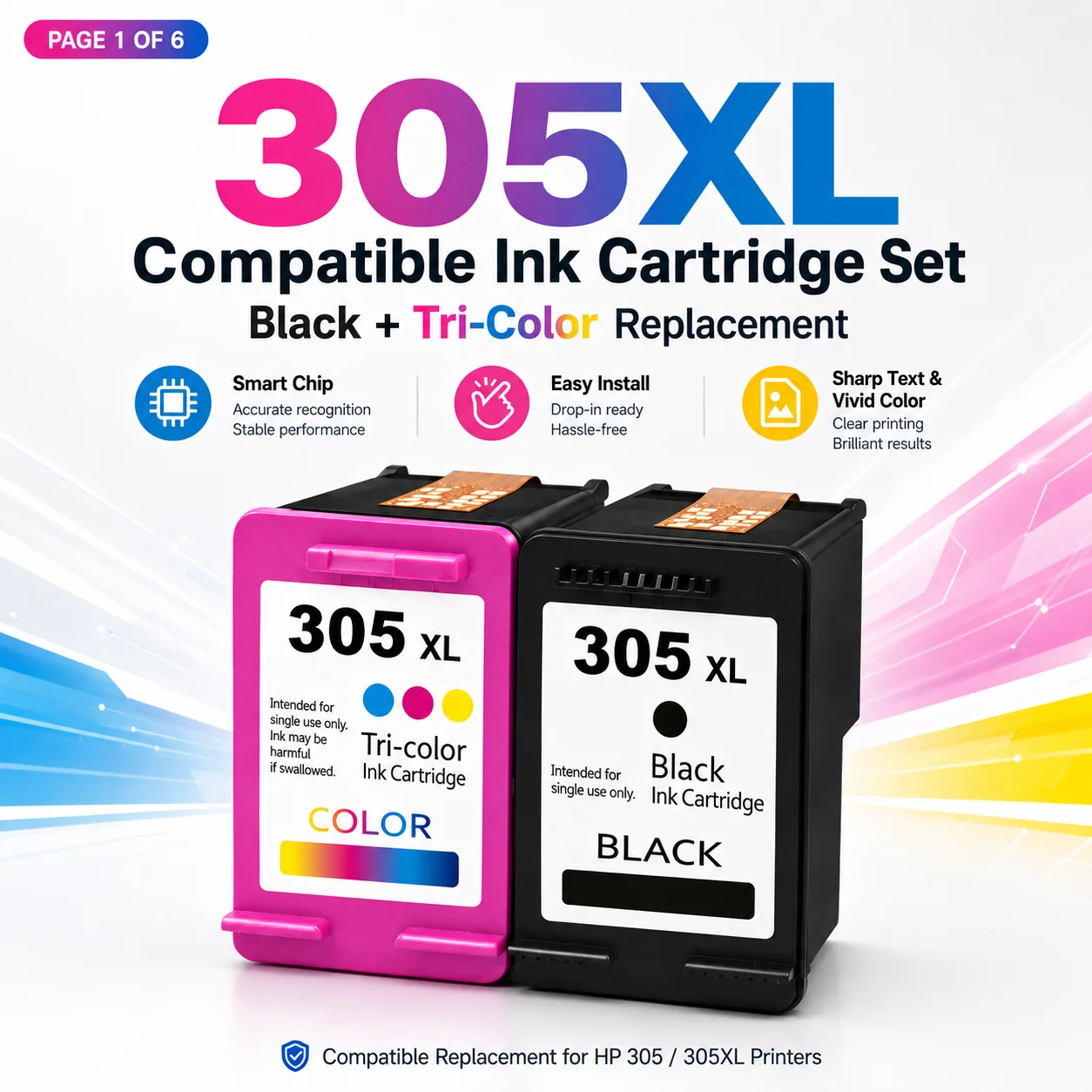 Cartuccia d'inchiostro 305XL di ricambio per HP 305 XL Nero + Tricromia con chip per stampanti DeskJet ENVY Home Office