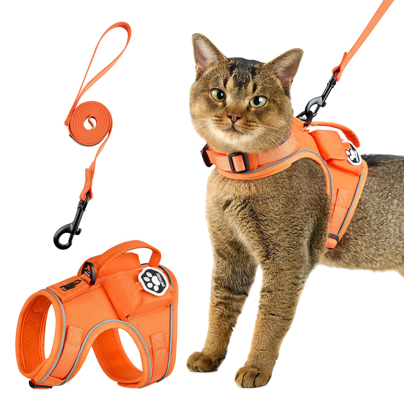 OneTigris CATATRIX, Set di pettorina per gatti con guinzaglio, a prova di esplosione, con strisce riflettenti, maniglia di controllo e tasca GPS, pettorina leggera per gatti (aran…