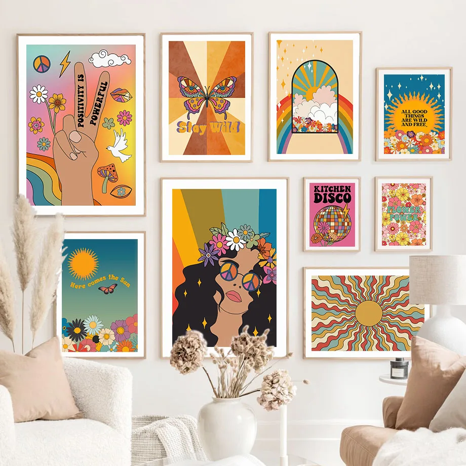 Quadro su tela senza cornice con farfalla e sole, stile hippie anni '70, poster nordici estetici e stampe da parete per soggiorno