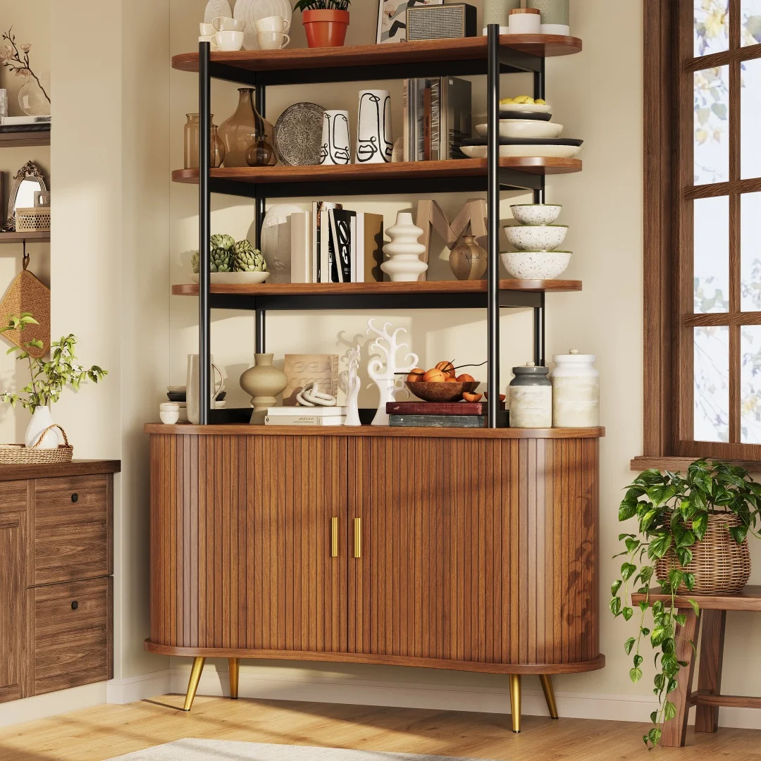 Mobile da pranzo a motivi verticali in stile retrò marrone scuro | Mensola aperta superiore a 4 livelli, gambe in metallo, mobile espositore multifunzionale per soggiorno e sala d…