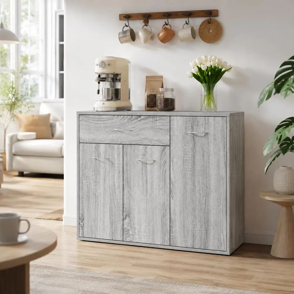 Credenza Sonoma Grigia, Mobile Buffet in Legno Ingegnerizzato con 4 Scomparti, Consolle Moderna Minimalista per Soggiorno o Ingresso, Superficie Facile da Pulire, 88x30x70 Cm