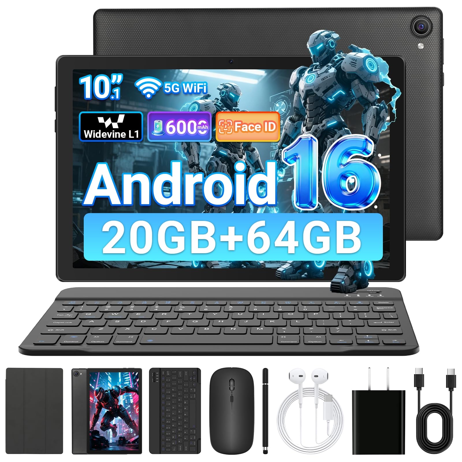Gleeso Tablet Android 16 da 10 Pollici, Tablet con Tastiera 20GB+TF 1TB, Android Tablet PC con Mouse, Penna Stylus, 6000mAh, Fotocamera da 8MP, WiFi 5G, Laptop Portatile per Stude…