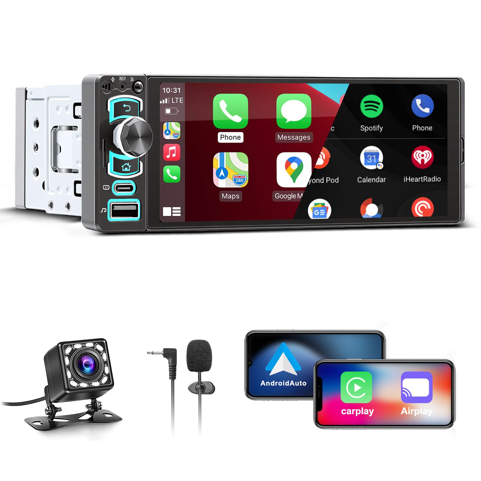 6,28” Autoradio 1 DIN con Schermo,Car Radio con Wireless CarPlay Android Auto,Radio 1 Din Car Play Supporta Bluetooth,Mirror Link, Telecamera Posteriore,FM,EQ,Type-C,Mic,Touchscre…