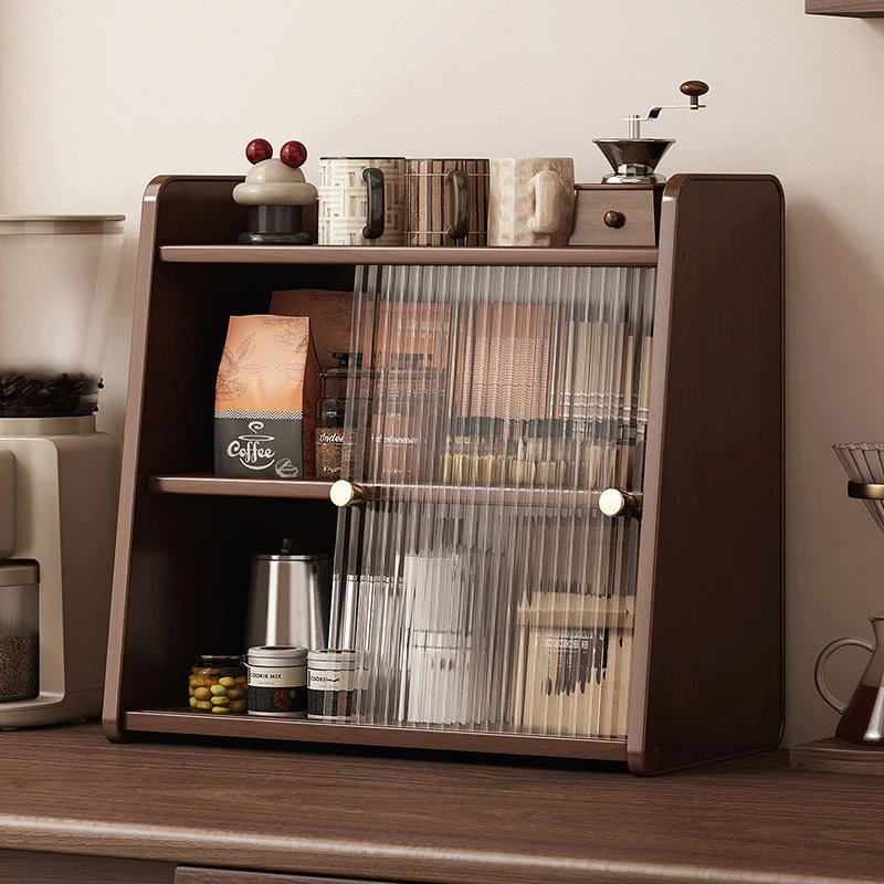 Mobiletto da cucina compatto con ante in vetro e ripiani in noce, organizer da cucina per riporre a portata di mano sui piani di lavoro
