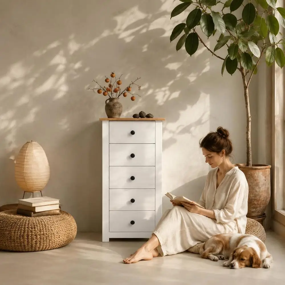 Credenza in Legno di Pino Massiccio con 5 Cassetti, Mobile Bianco per Soggiorno e Camera da Letto, Tavolo Console Stretto, Supporto per Telefono, 46x40x89 cm