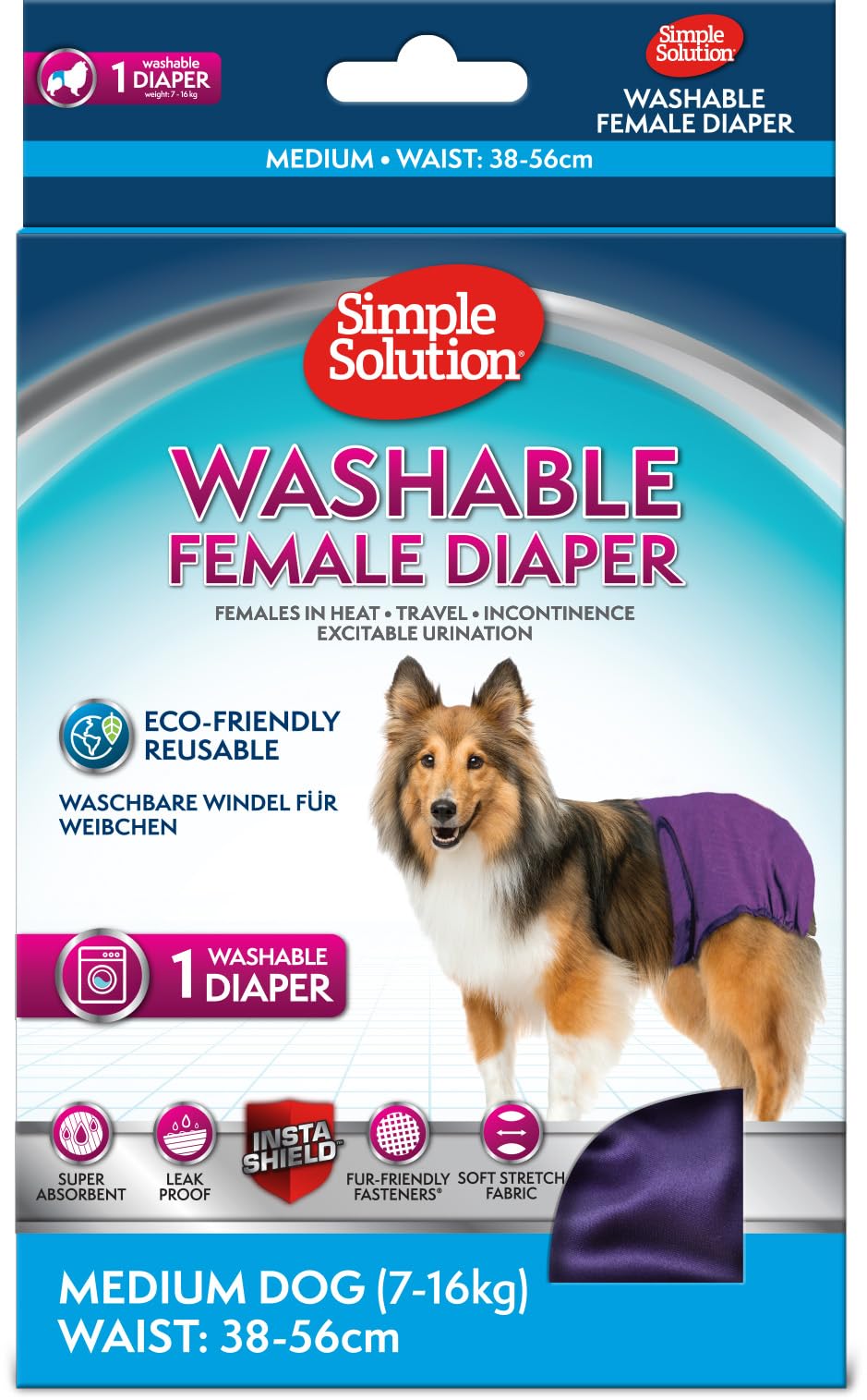 Simple Solution Pañales Reutilizables Lavables para Perras, Absorbentes con Ajuste a Prueba de Fugas para Micción Excitable o Incontinencia 1 x Pañal Mediano