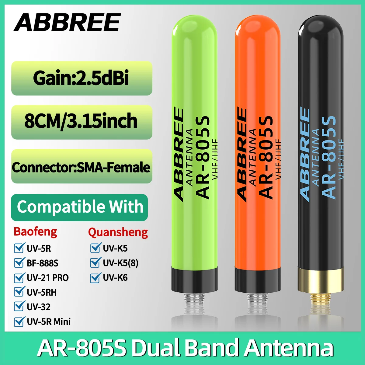 Antenna ABBREE AR-805S Plus per Walkie Talkie, Dual Band SMA-Femmina 5/8CM, per Radio Amatoriali Baofeng UV-5R Mini UV-32