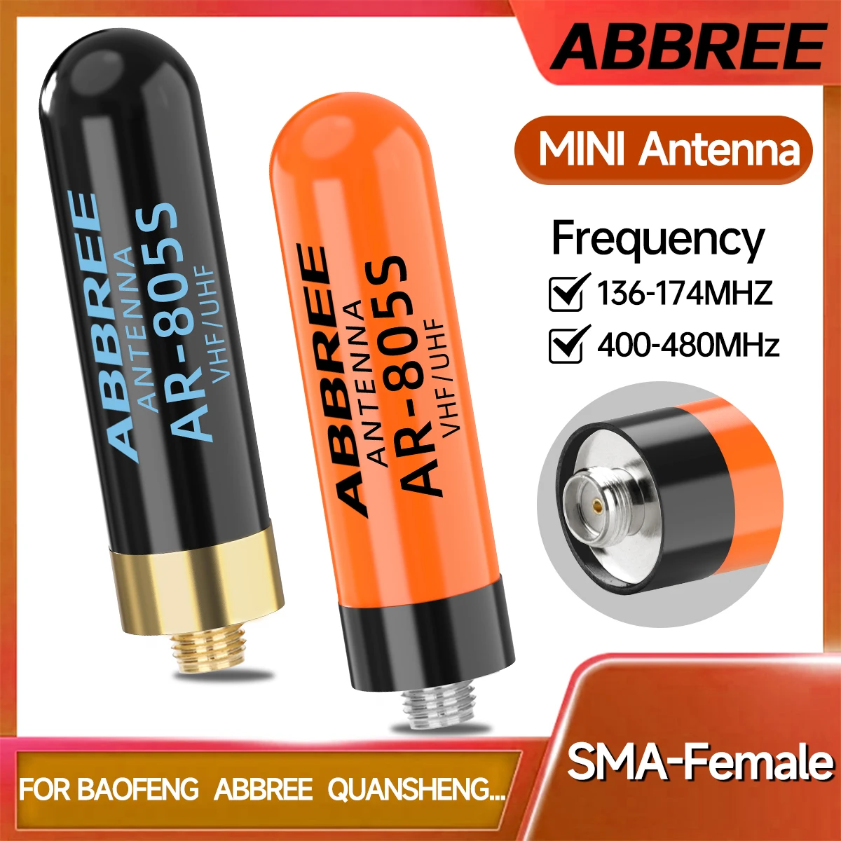ABBREE AR-805S Mini Antenna Walkie Talkie corta SMA-Femmina Dual Band ad alto guadagno per Baofeng UV-5R Mini UV-21 PRO Ham Radio