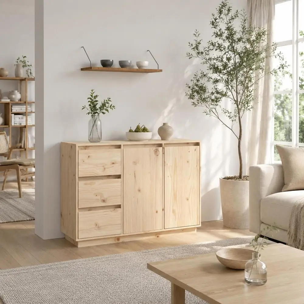 Credenza in legno massello di pino con 2 ante e 3 cassetti, mobiletto rustico per soggiorno e camera da letto, superficie facile da pulire, finitura naturale, 111x34x75 cm