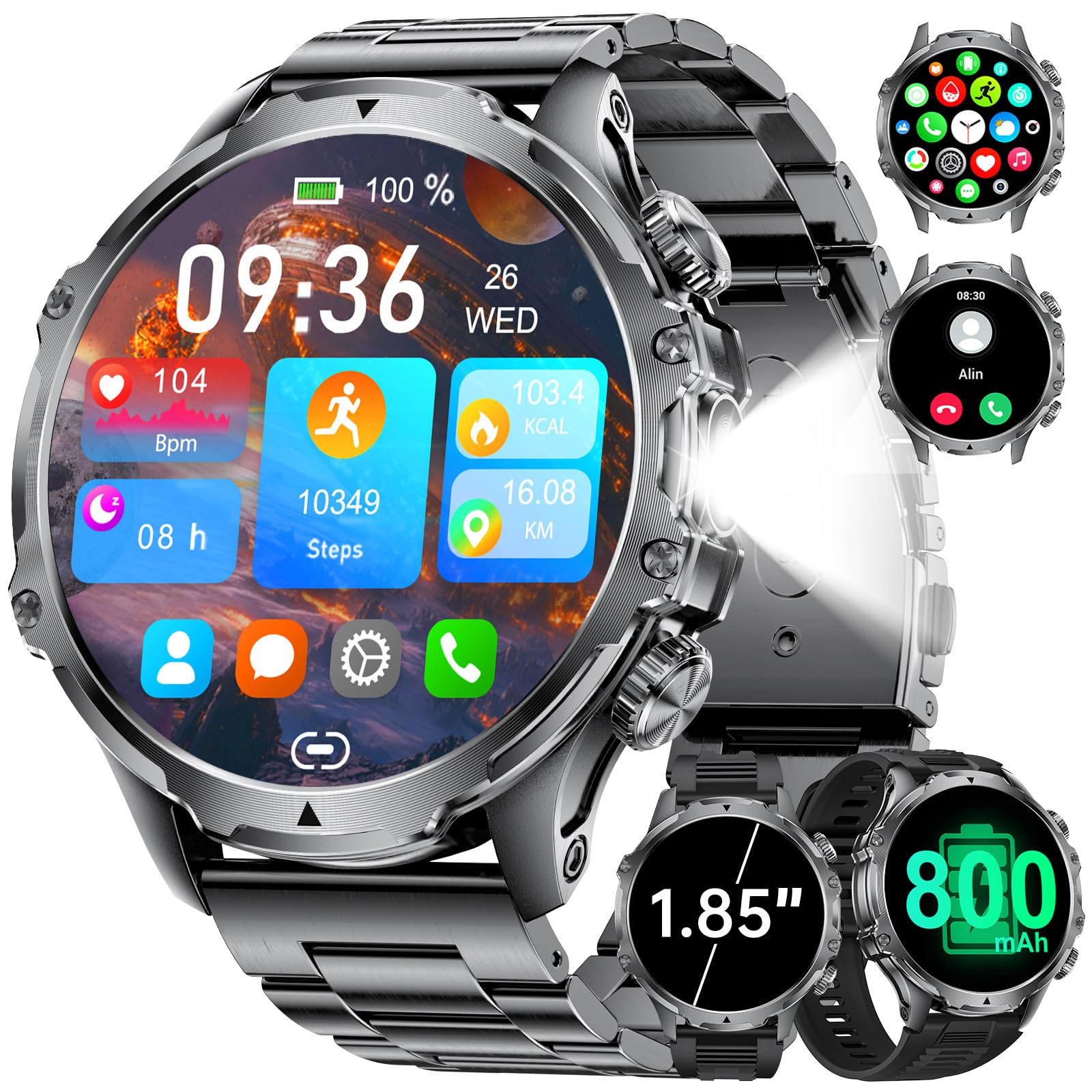 LIGE 1,85" Smartwatch Uomo con Torcia LED/800mAh, Chiamata Bluetooth, Impermeabile 5ATM, 110+ modalità Sportive, Cardiofrequenzimetro SpO2 e Sonno Smart Watch Militare per iOS And…