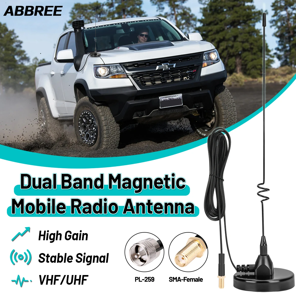 ABBREE AD-109 Antenna radio mobile magnetica doppia banda VHF UHF SMA-femmina/PL259 per Baofeng Walkie Talkie UV-5RH BF-888S UV-32