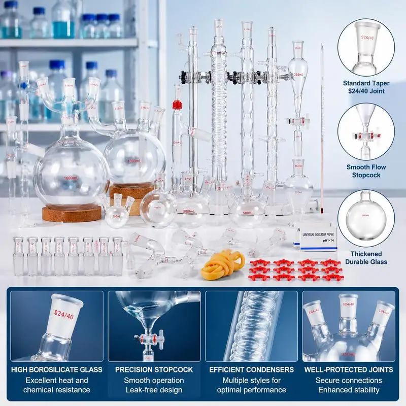 Set per distillazione da laboratorio, set per distillazione da laboratorio in vetro borosilicato 3.3 con 24 e 40 componenti, set di apparecchiature per distillazione da 1000 ml pe…