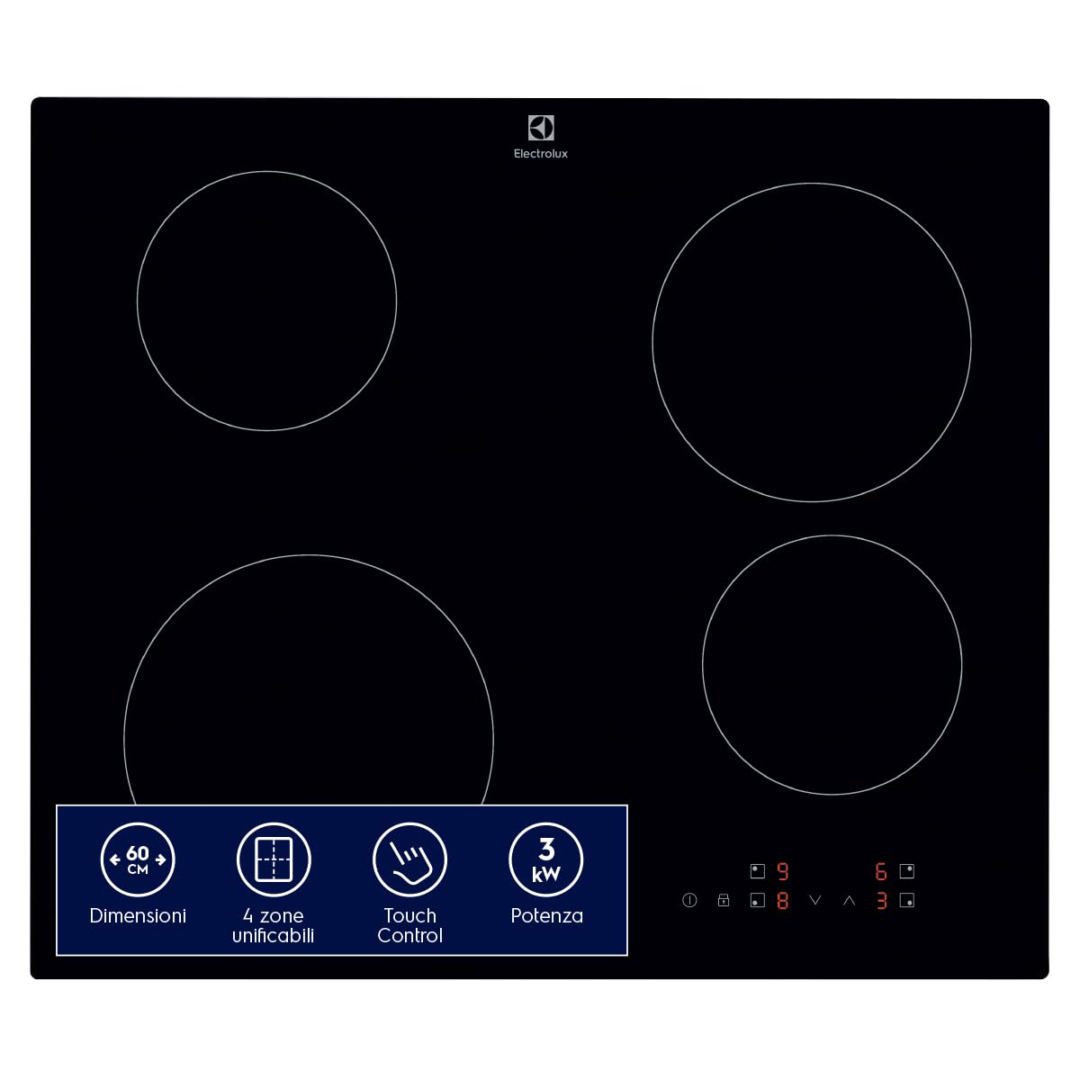 Electrolux Serie 300 Piano Cottura a Induzione da Incasso EIB60424CK, 4 Fuochi Rapidi, Comandi SliderTouch, Sicuro e Facile da Pulire, 60 cm, 590×520 mm, Nero, Design Moderno