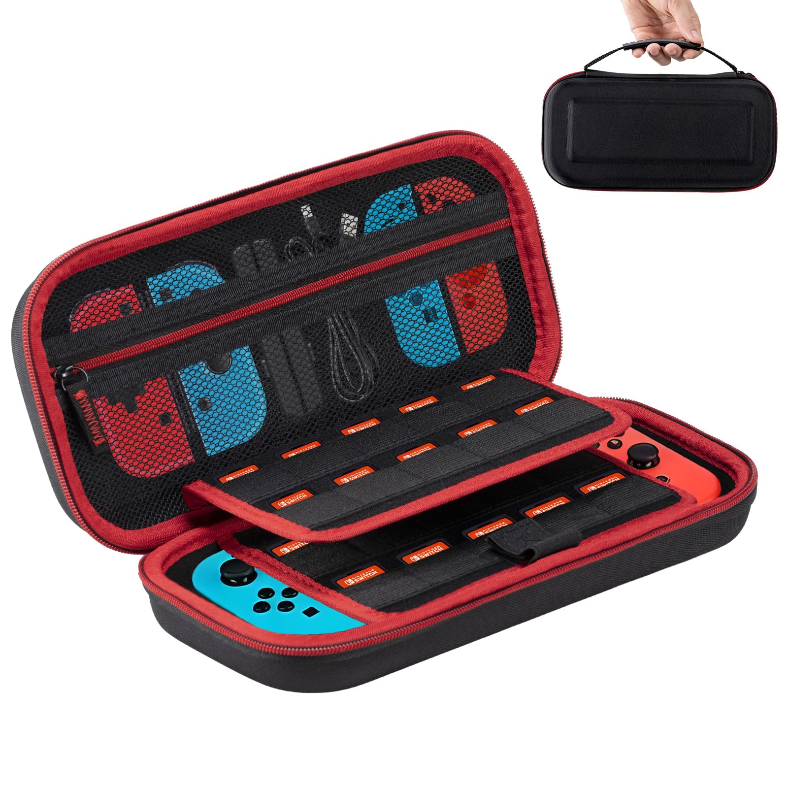 Carehabi Custodia compatibile con Nintendo Switch e New Switch OLED, con interruttore rigido OLED, custodia per 19 switch, colore nero, Nero , Organizer per borse