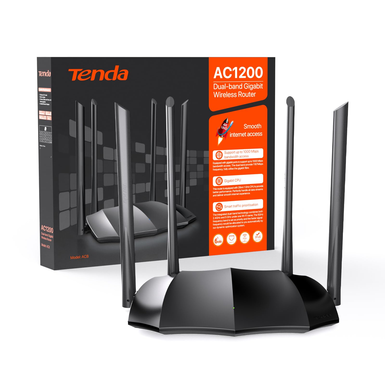 Tenda AC8 Router WiFi AC1200 - Router Wireless Dual Band 5GHz/2.4GHz, Gigabit Porte, Antenne 4x6dBi, Repeater Access Point Mode, Beamforming/MU-MIMO/Controllo APP/IPv6/WPS