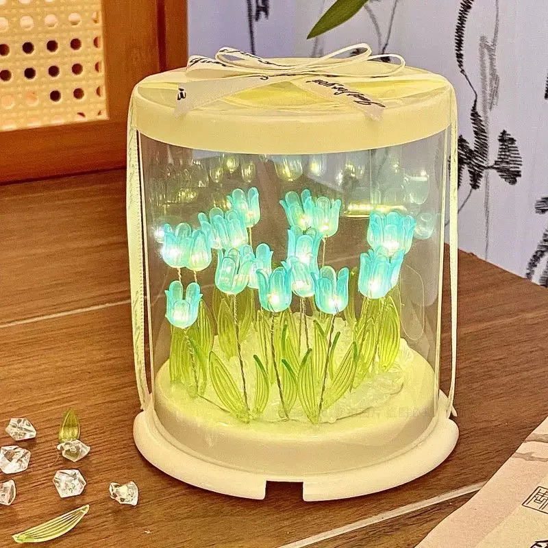 Lampada a tulipano fai-da-te Simulazione Fiore Scatola per torta di mare Camera da letto Lampada da tavolo per dormire Decorazione artigianale fatta a mano Tulipani Luce notturna…