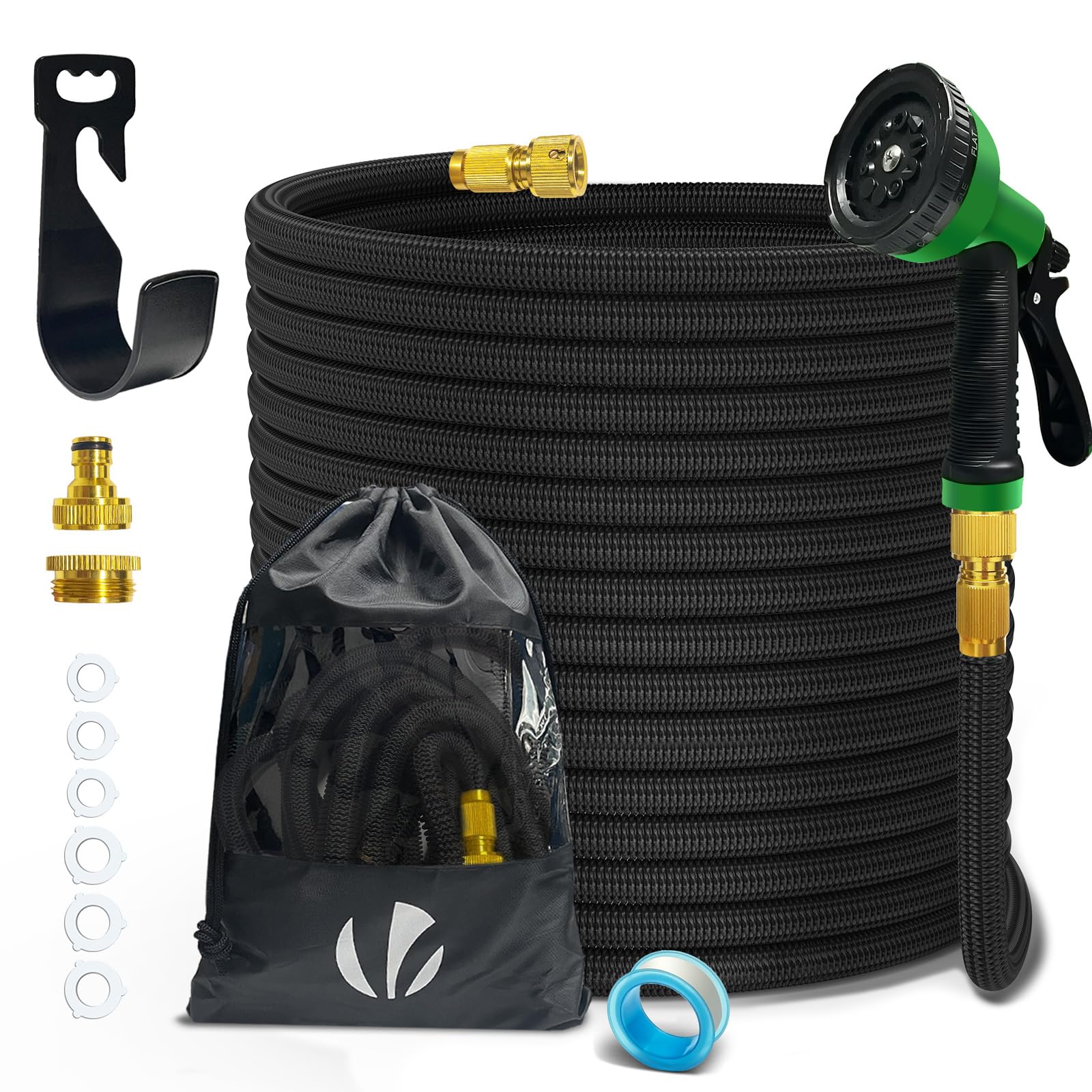 VOUNOT® Tubo Irrigazione Estensibile 30m, Tubo Flessibile da Giardino con Pistola a Spruzzo d'Acqua 10 Funzioni, Connettore in Ottone 1/2" e 3/4" e Gancio e Organizer Inclusi, Nero