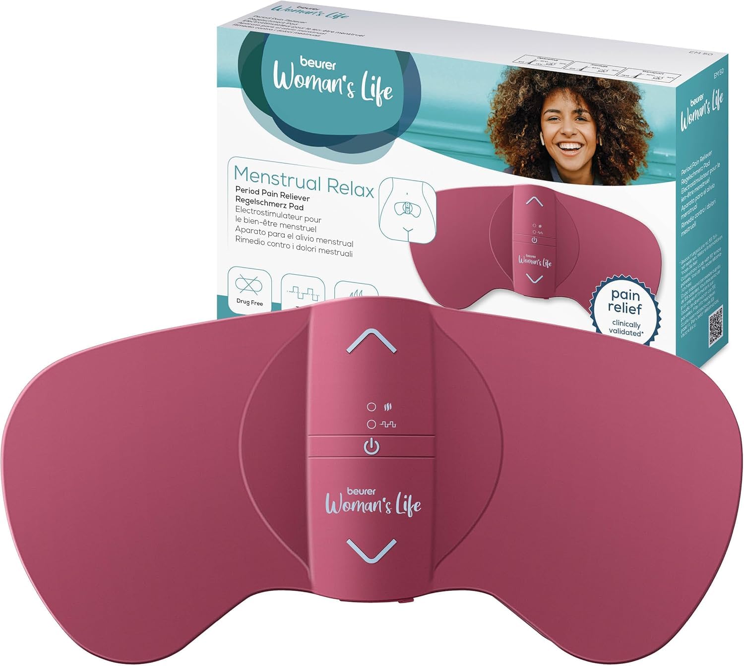Beurer EM 50 Menstrual Relax Elettrostimolatore medicale TENS con Funzione Calore per Allievare i Dolori Mestruali e da Endometriosi, compatto, con batteria ricaricabile, colore r…