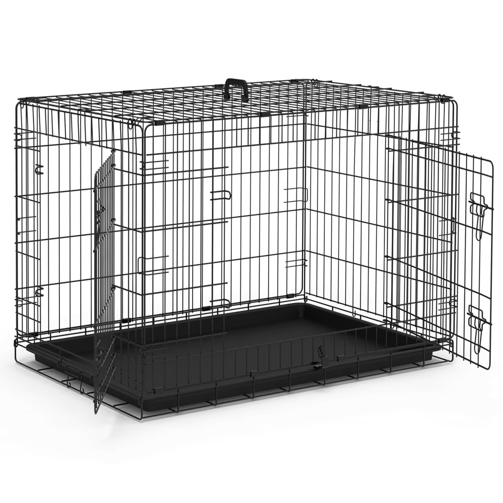 VOUNOT® Gabbia per Cani Pieghevole in Metallo, Cassetta per Trasporto Scatola Trasportino Cani con 2 Porte, Vassoio Rimovibile, 107x70x78cm, Nero