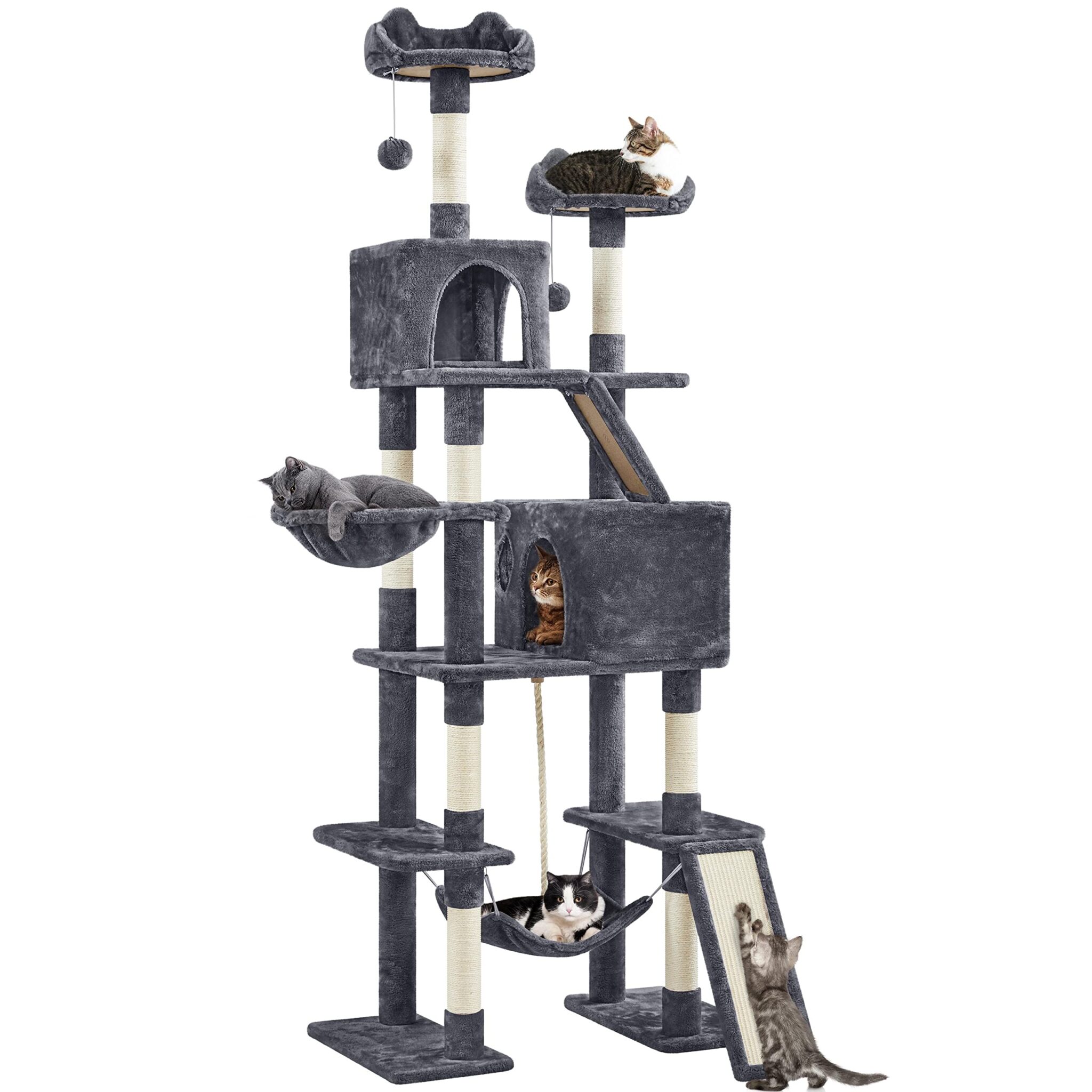 Yaheetech Albero Tiragraffi per Gatti Altezza 209 cm in Truciolato e Corda in Sisal con Condomini Posatoi e Amaca per Gioco e Pisolini Multilivello Grigio Scuro