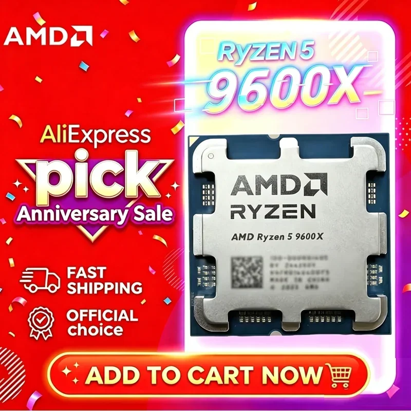 AMD Ryzen 5 9600X 100% AMD R5 9600X CPU, Boost Massimo fino a 5.4GHz, 6 Core, 12 Thread, 32MB di Cache L3, AM5 per B850 X870, Componenti Sfusi