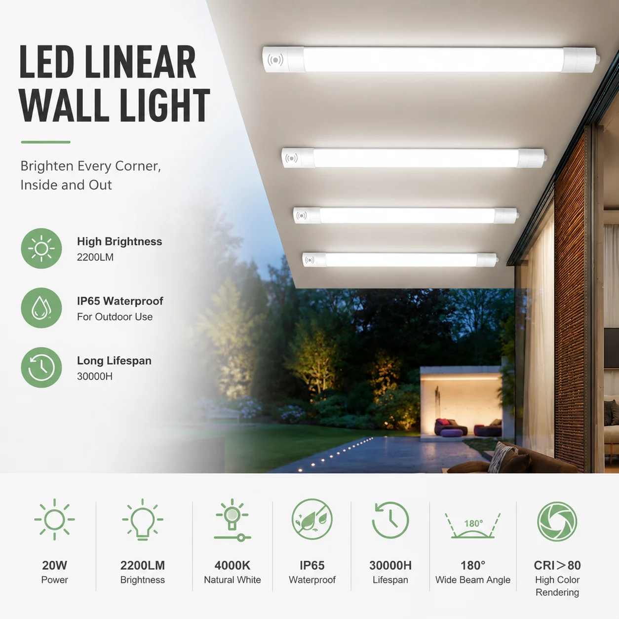 Plafoniera LED 60cm 20W IP65 con Sensore Radar, Luce LED Bianca per Ambienti Umidi, per Bagno, Cucina, Garage, Corridoio