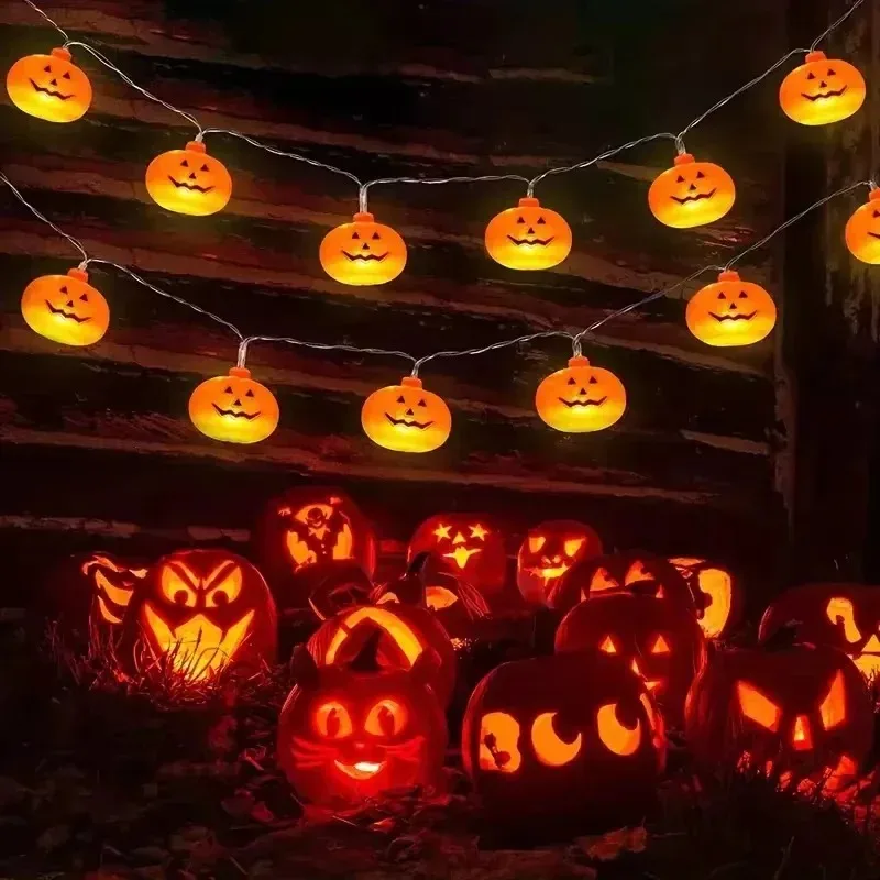 Luci a stringa di Halloween a forma di zucca, 20 LED, a batteria, Jack-o'-Lantern, ghirlanda arancione per feste, giardini e decorazioni autunnali, per interni ed esterni.