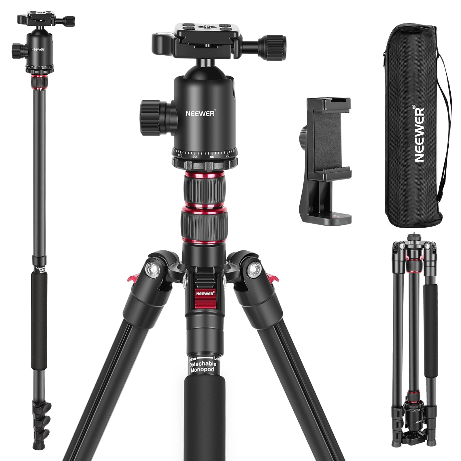 NEEWER 77 pollici treppiede monopiede per camera, TP77 | Testa a Sfera Panoramica 360°, Colonna Centrale a 2 Assi, Piastra QR Tipo Arca, Borsa, Treppiede Viaggio Leggero, Max 15 kg