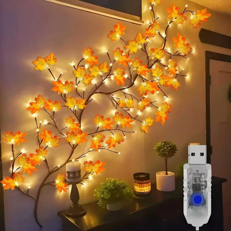 Lampada a Rami di Salice Multifunzione con Pendente a Forma di Foglia d'Acero e Rosa, Alimentata USB, Adatta per Decorazione Floreale da Parete Domestica, Luce Notturna Multimodale