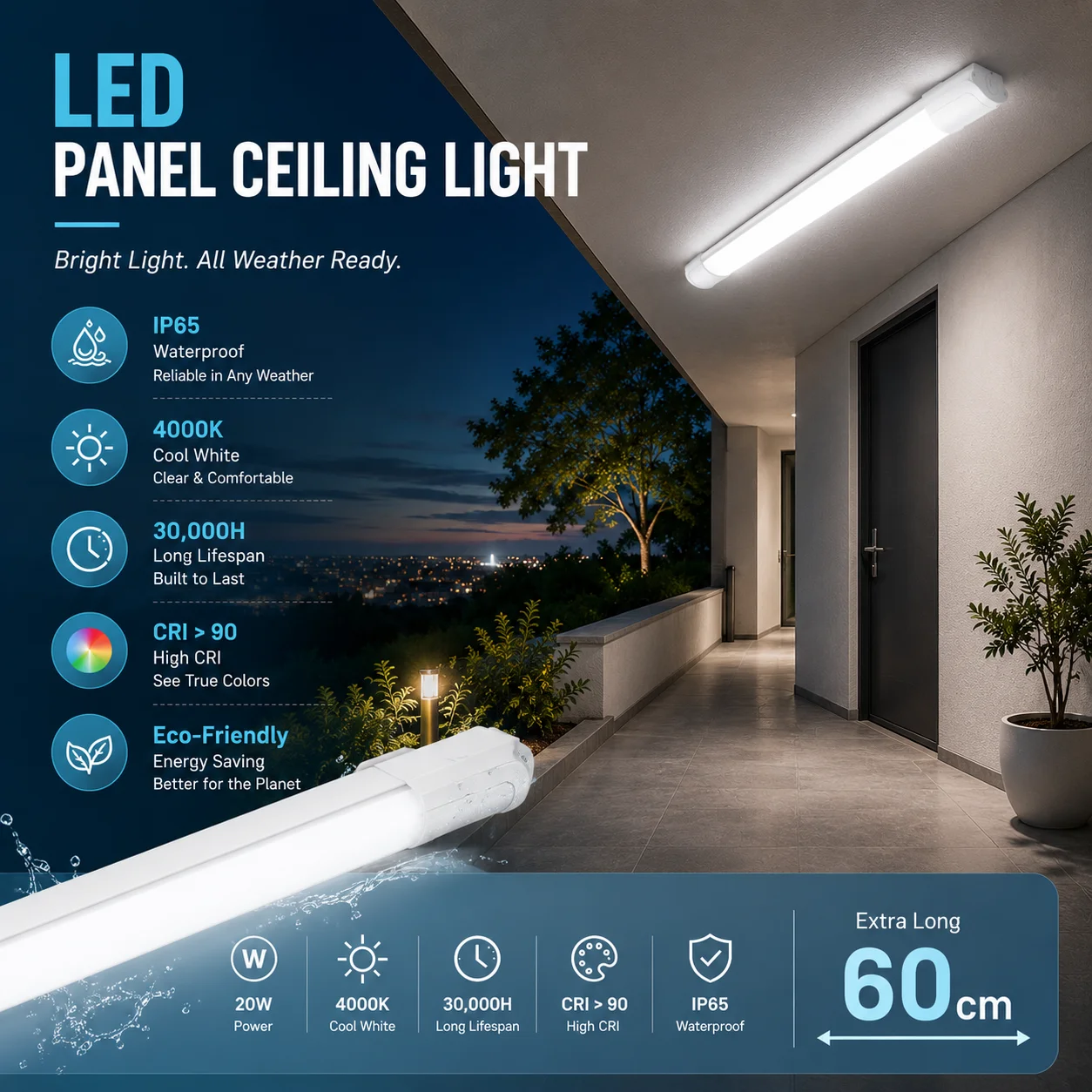 Plafoniera LED IP65 20W 2200LM Bianco Neutro 4000K, Collegabile fino a 8 Unità, Montaggio a Superficie o Sospensione, Lampada a Barra LED Senza Sfarfallio per Garage, Corridoio, S…