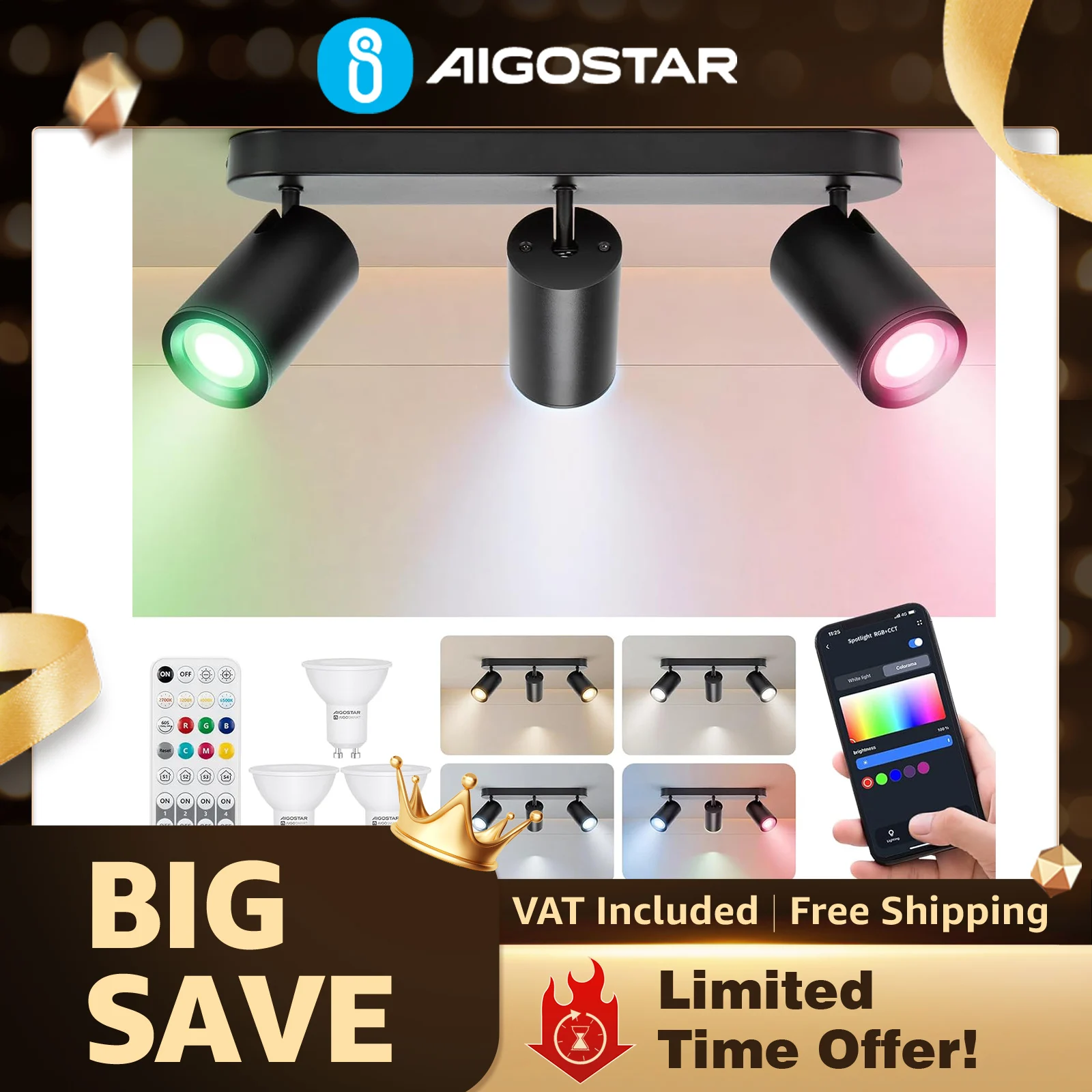 Faretto da soffitto intelligente Aigostar, 3 teste GU10 regolabili e orientabili, compatibile con Bluetooth e controllo Alexa, dimmerabile a colori, illuminazione per camera da le…