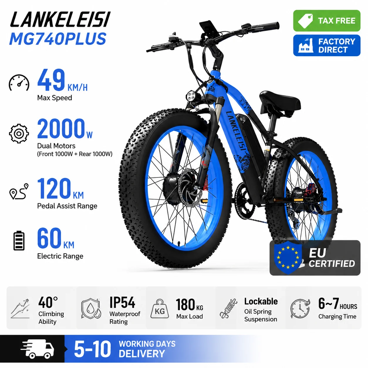 Autentico LANKELEISI MG740PLUS Direttamente dalla Fabbrica – Doppio motore da 1000W (2000W totali), velocità di 49 km/h, 40 ° arrampicata, carico di 180 kg, doppio freno idraulico…